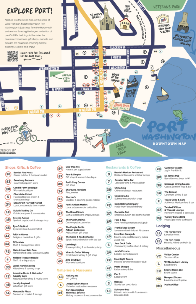 Map of downtown Port Washington with storefront businesses listed in a directory